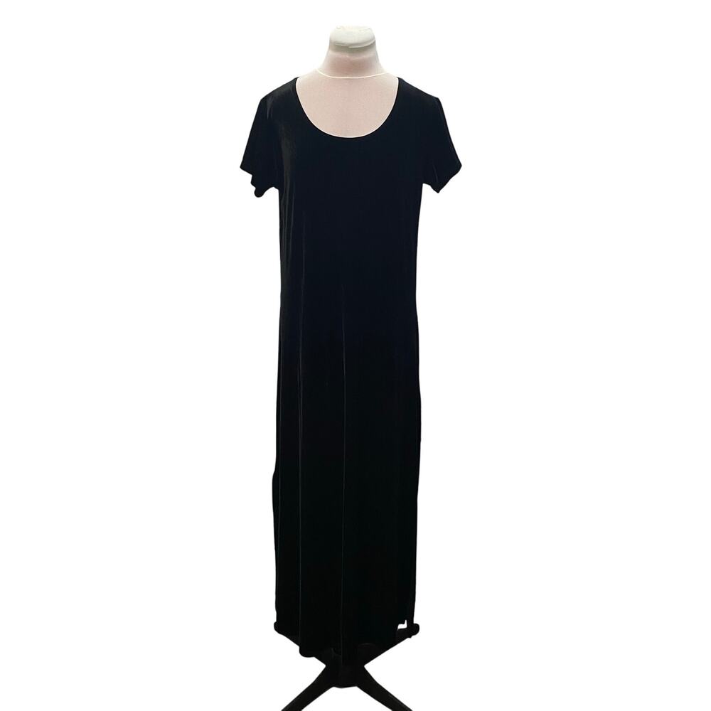 VINTAGE CASSINI Black Velvet Scoop Neck Cap sleeve Maxi Dress MEDIUM Side Slits